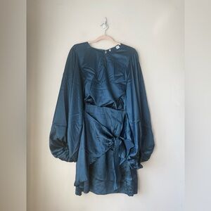 Petal & Pup Opal Navy Blue Satin Long Balloon Sleeve Wrap Mini Dress 14